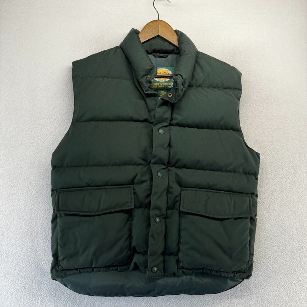 Cabelas Vest Men's Medium Green Puffer Goose Down Snap Zip Outdoor Hunting Vtg